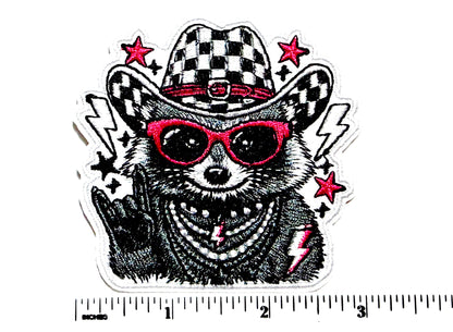 Raccoon Rock On patch - Embroidered Iron On Patch 3”