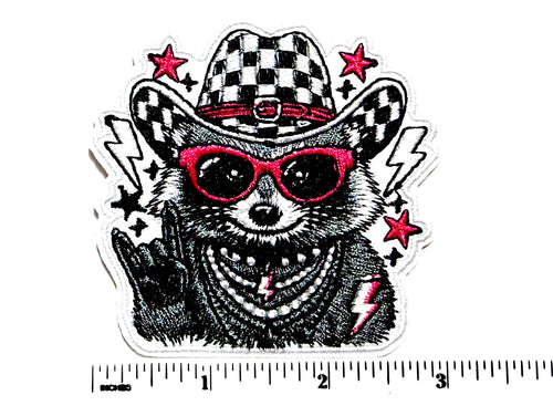 Raccoon Rock On patch - Embroidered Iron On Patch 3”