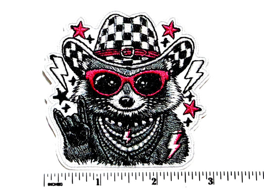 Raccoon Rock On patch - Embroidered Iron On Patch 3”