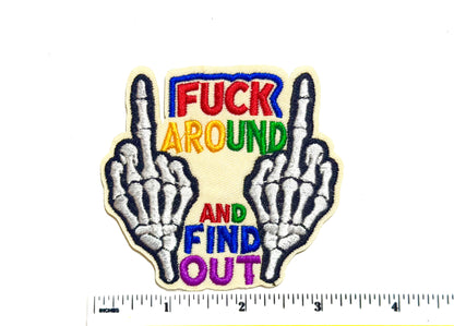 Fuck around and find out, Skelly middle finger - Embroidered Iron on patch 3”