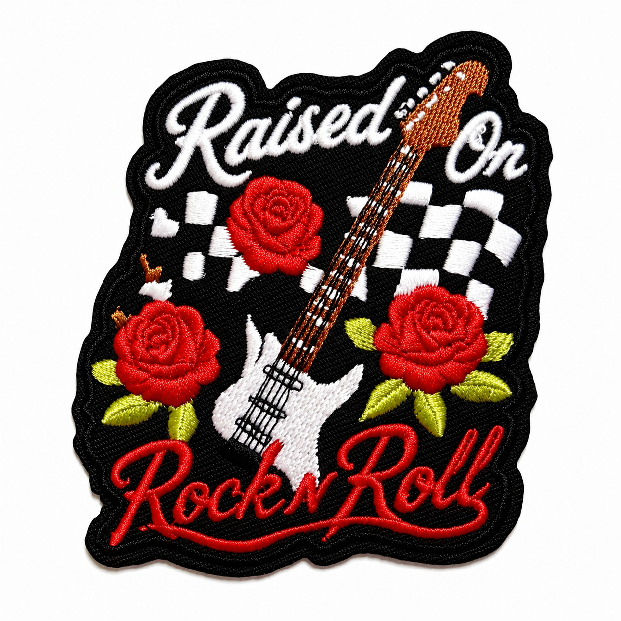 Raised on Rock n Roll checkered patch - Embroidered Iron on pathetic 3.25”