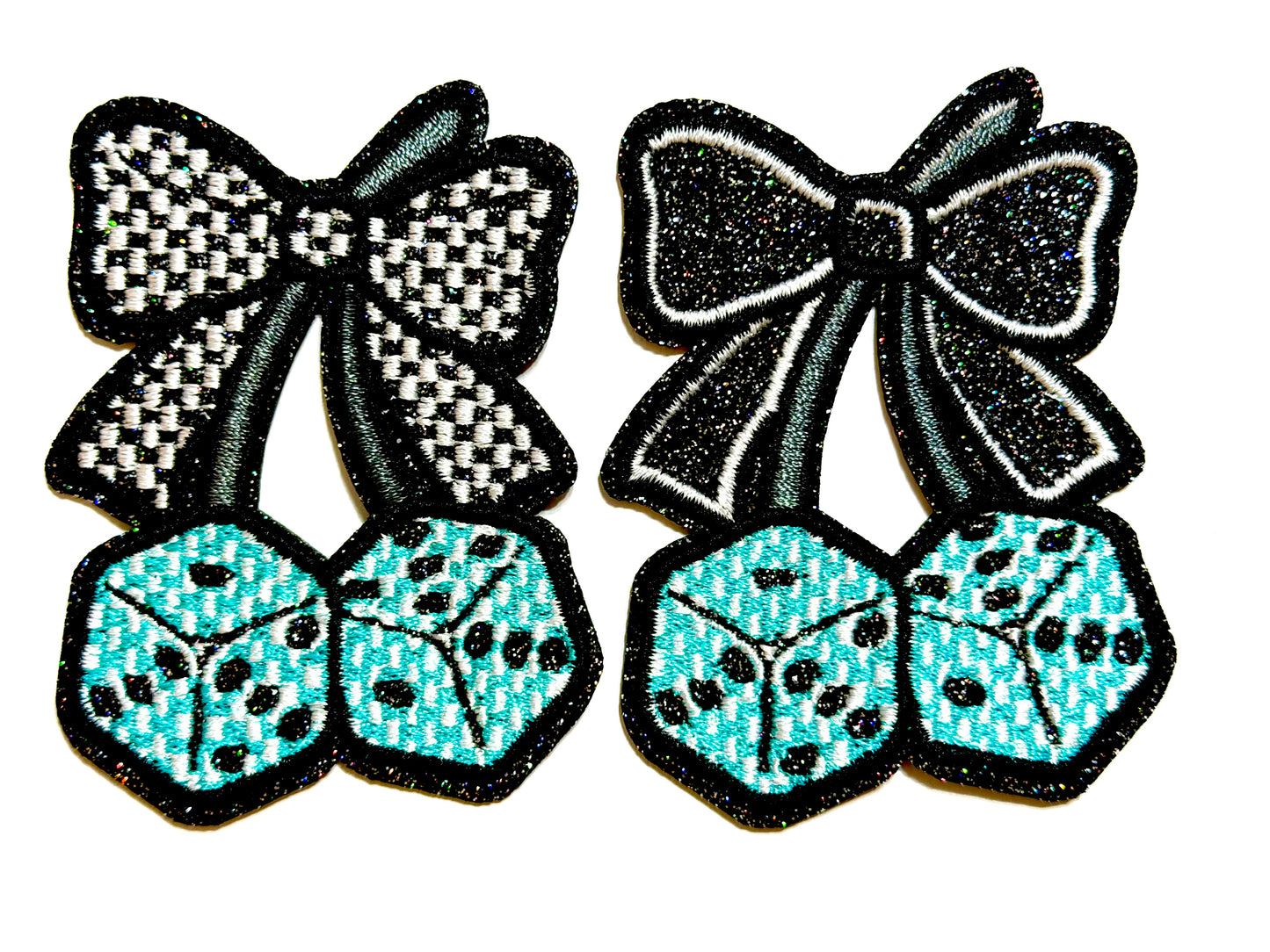 Cherry Dice patches - Embroidered Iron On Patches with Glitter 3”