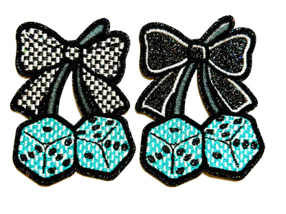 Cherry Dice patches - Embroidered Iron On Patches with Glitter 3”