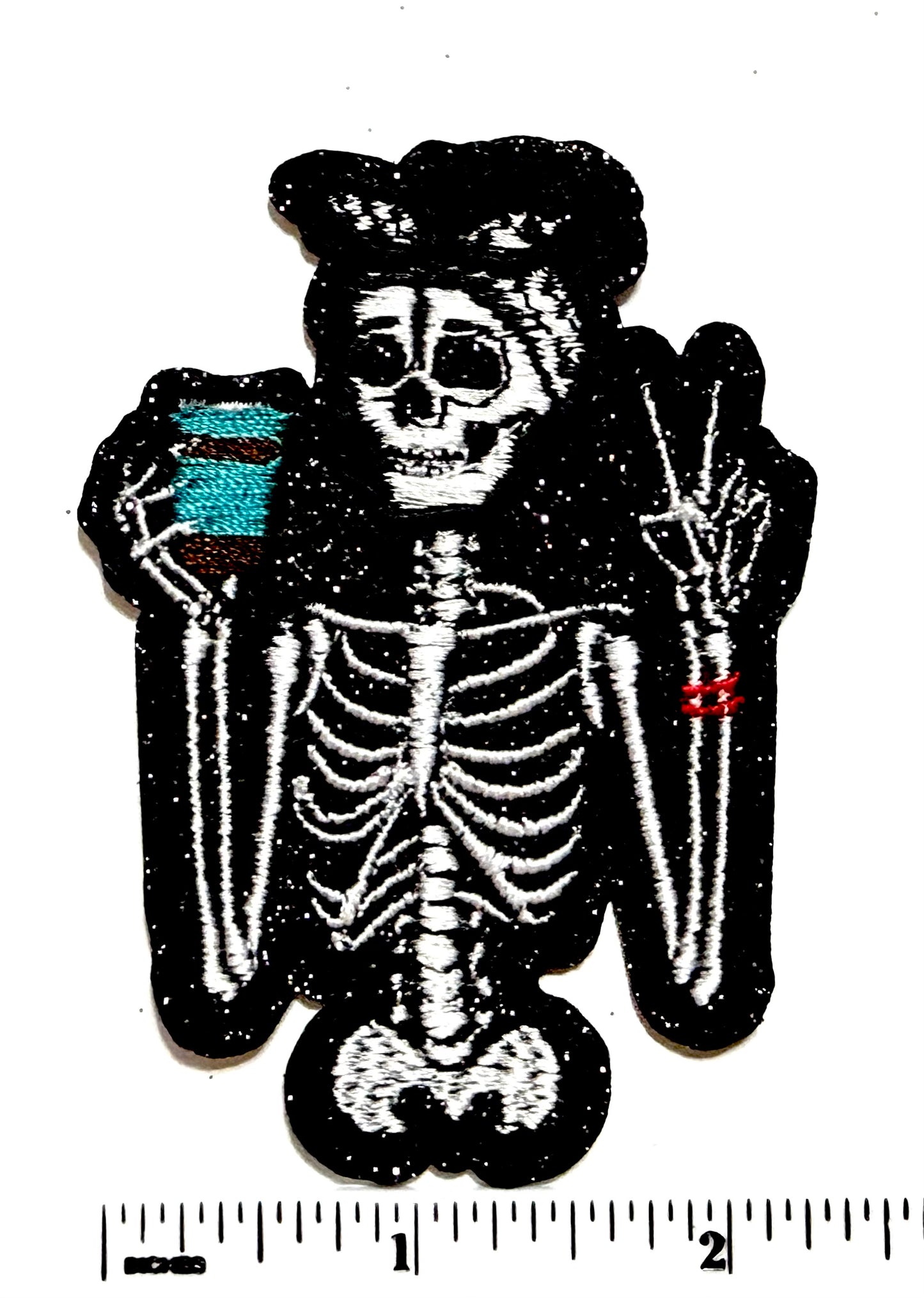 Skelly Girl with Coffee patch - Embroidered Iron On patch with glitter 3”