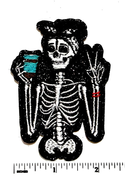 Skelly Girl with Coffee patch - Embroidered Iron On patch with glitter 3”