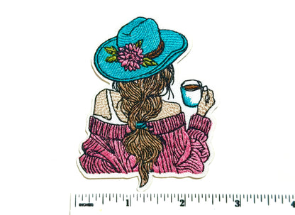 Country girl with turquoise hat and coffee patch - Embroidered DIY Iron on patch 3”