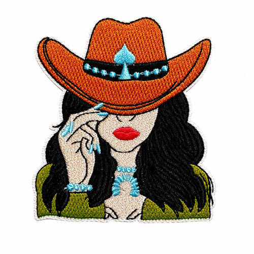 Cowgirl with turquoise jewelry patch - Embroidered Iron on patch 3”