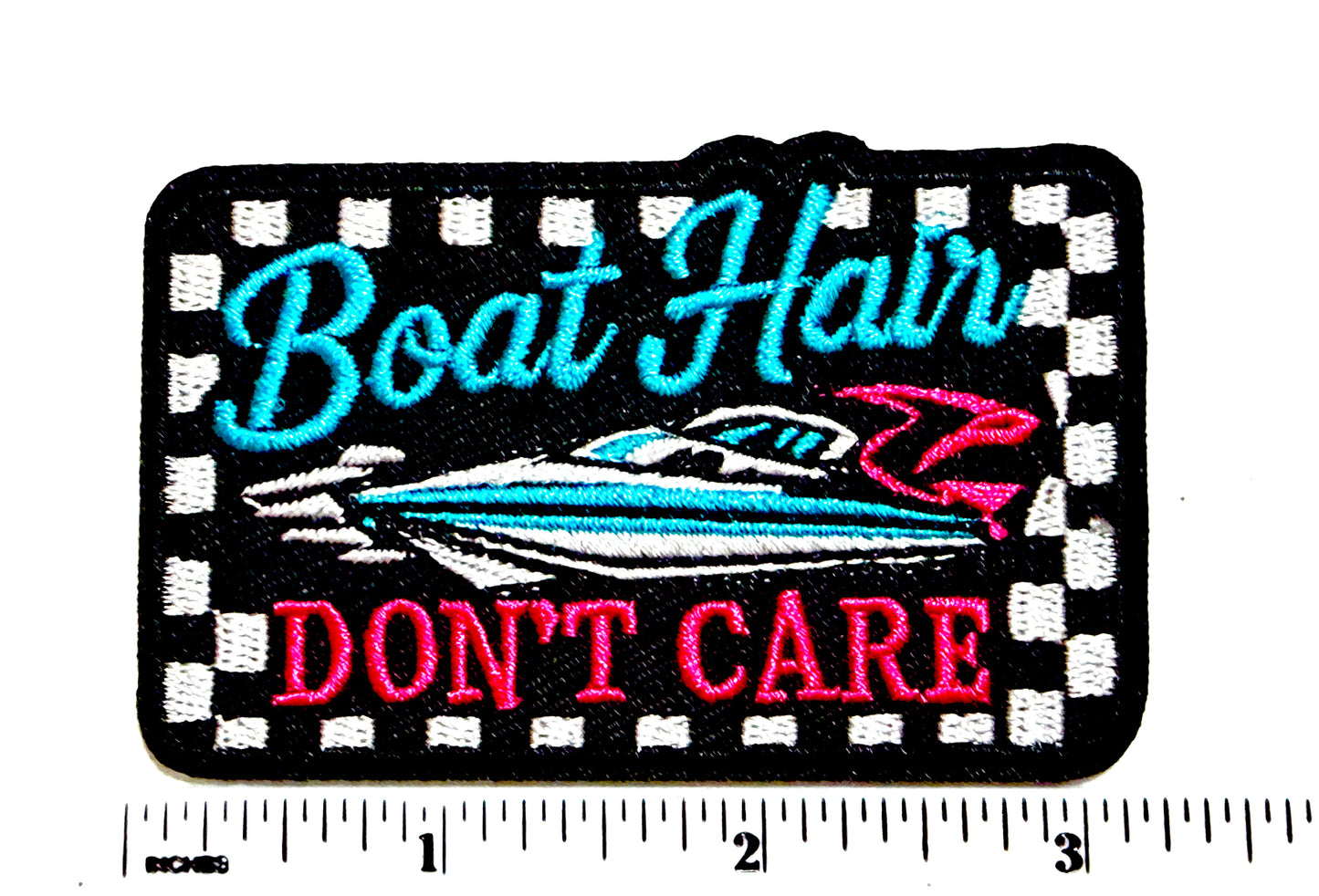 Boat Hair, Don’t Care checkered patch - Embroidered Iron On Patch 3”