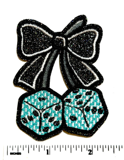 Cherry Dice patches - Embroidered Iron On Patches with Glitter 3”