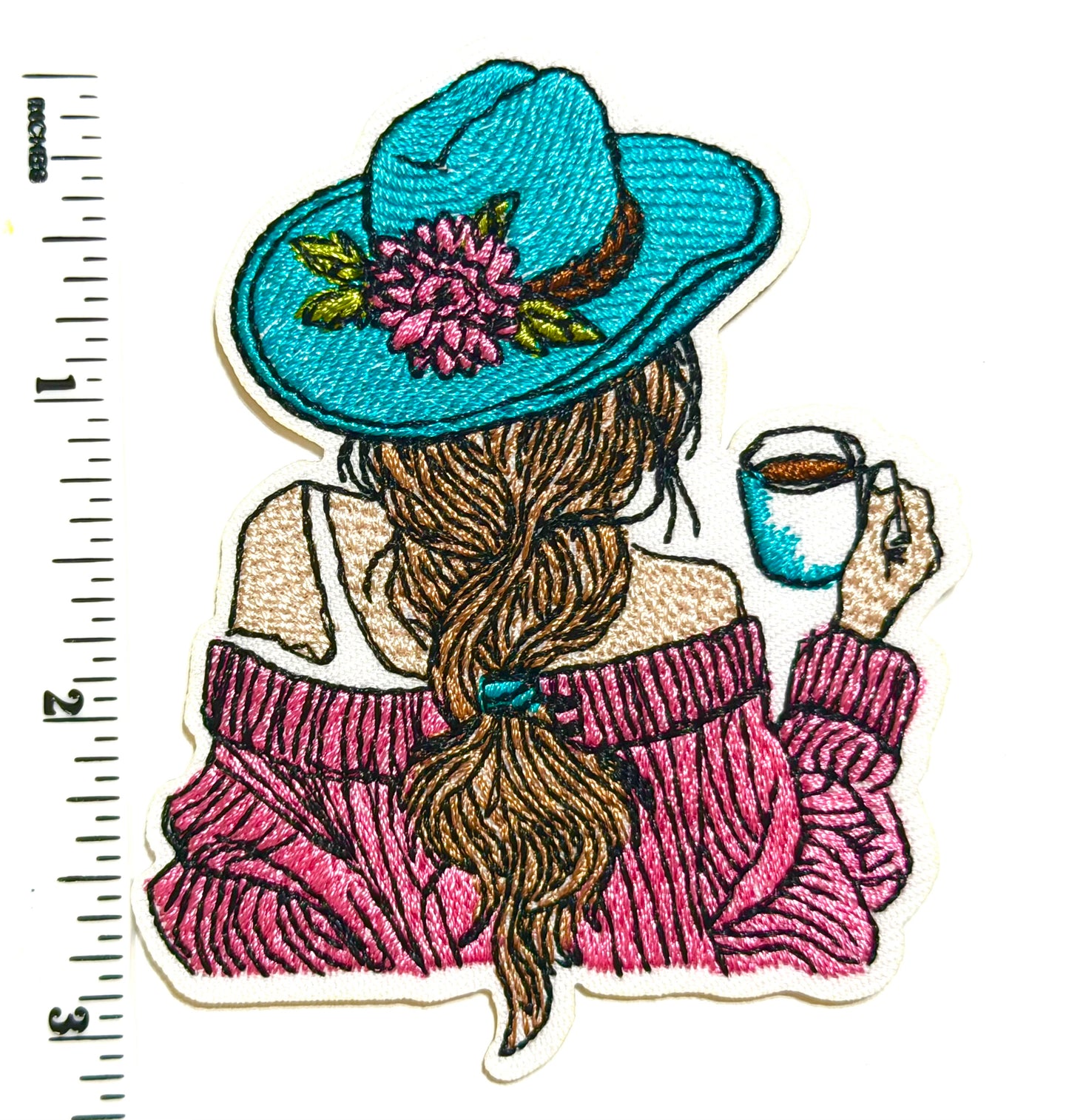 Country girl with turquoise hat and coffee patch - Embroidered DIY Iron on patch 3”