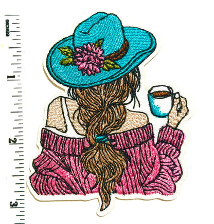 Country girl with turquoise hat and coffee patch - Embroidered DIY Iron on patch 3”