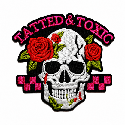 Tatted and Toxic skull with roses patch - Embroidered Iron On Patch 3.25”