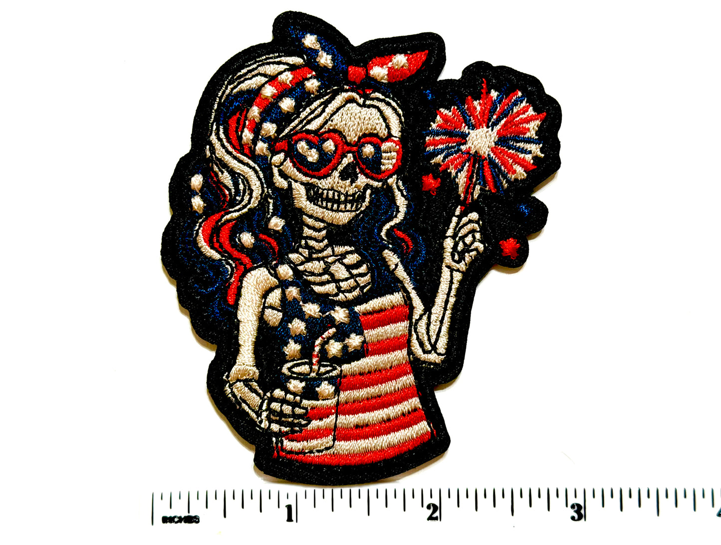 Patriotic Skelly Girl Sparkler - Embroidered Iron On Patch 3.25”