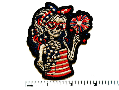 Patriotic Skelly Girl Sparkler - Embroidered Iron On Patch 3.25”