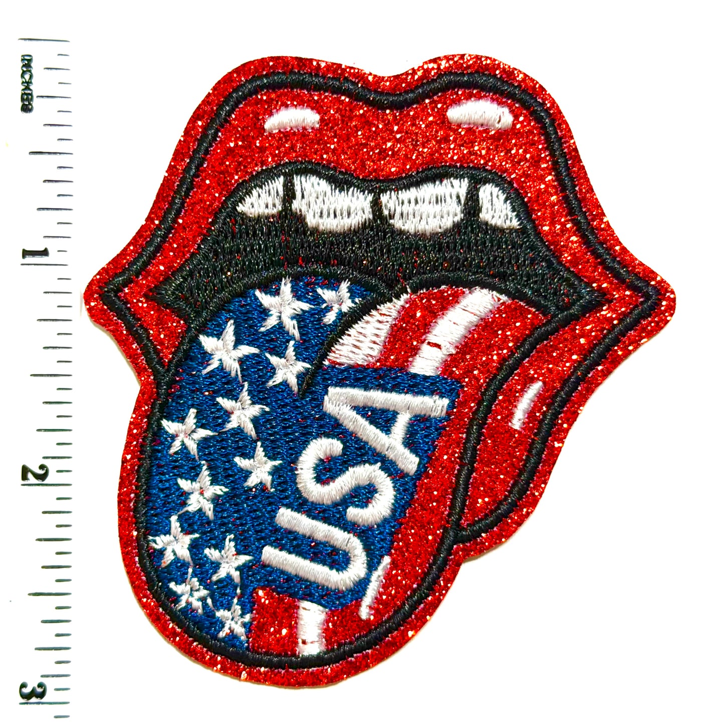 Patriotic USA Lips & Tongue - Embroidered Iron On Patch 3”