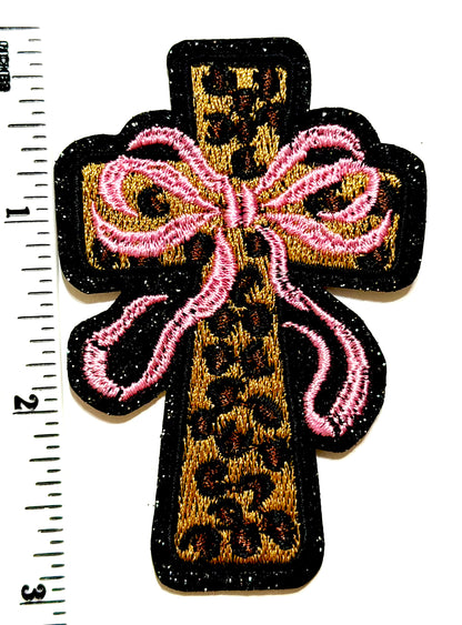 Leopard Print Cross with Ribbons - Embroidered Iron on patch 3”