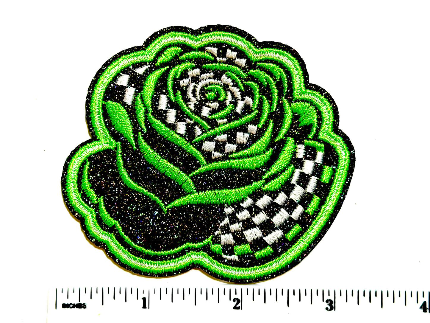 Roses checkered & glittered - Embroidered Iron On Patch 3.25”