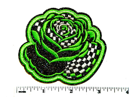 Roses checkered & glittered - Embroidered Iron On Patch 3.25”