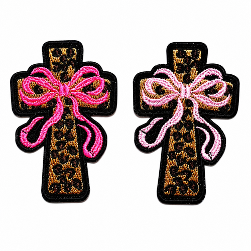 Leopard Print Cross with Ribbons - Embroidered Iron on patch 3”