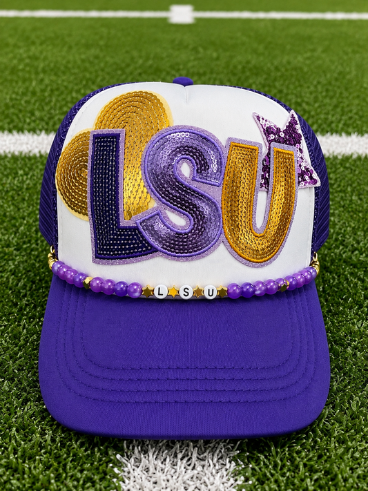 LSU Trucker Hat with Purple & Gold Beaded Hat Chain | Sequin Tigers Game Day Hat | Women’s Football Tailgate Cap