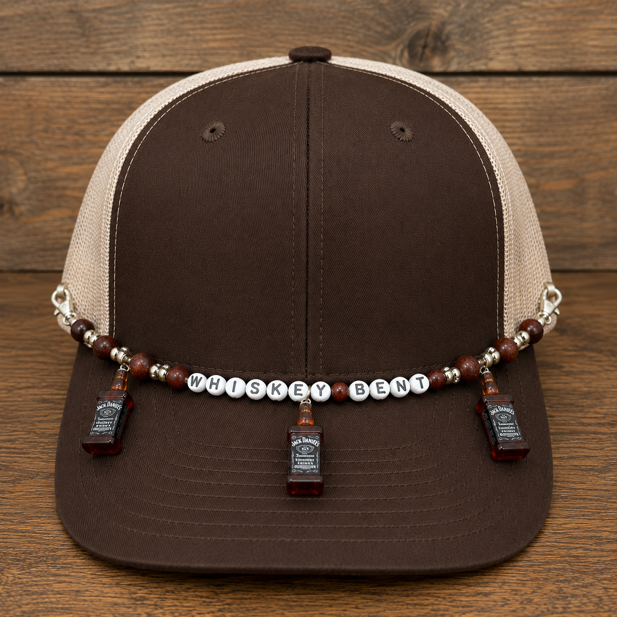 Whiskey Bent Trucker Hat Chain with Mini Whiskey Bottle Charms
