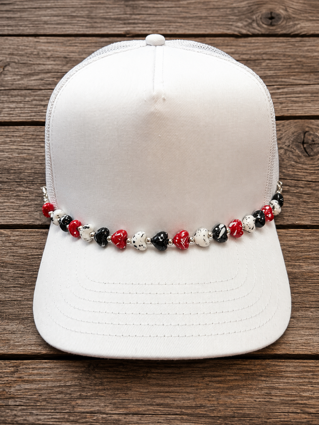 Red, Black & White Hearts Hat Chain | Beaded Trucker Hat Accessory
