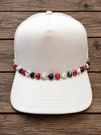 Red, Black & White Hearts Hat Chain | Beaded Trucker Hat Accessory