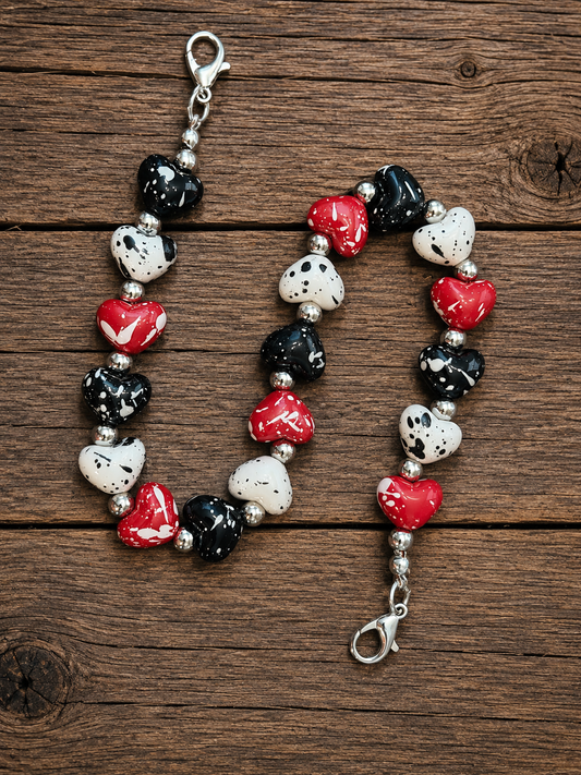 Red, Black & White Hearts Hat Chain | Beaded Trucker Hat Accessory
