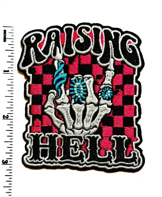 Raisin Hell, Skelly girl checkered patch - Embroidered Iron on pathetic 3.5”