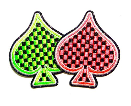 Neon Checkered Spades patches 3.25” - Embroidered Iron on patches