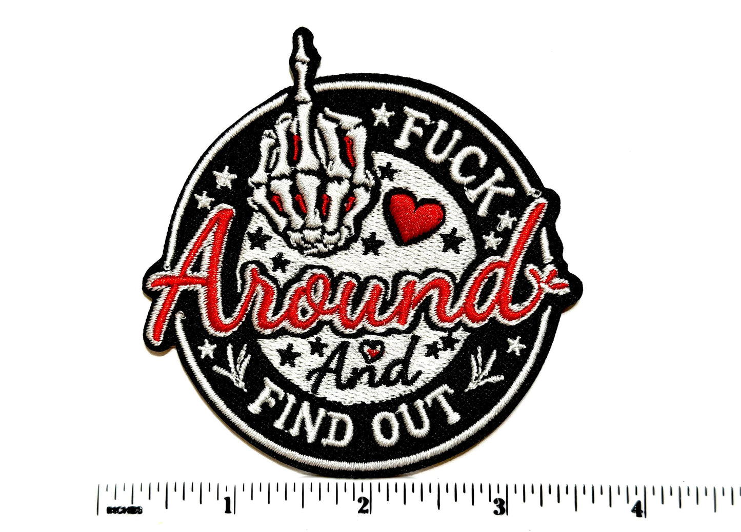 Fuck around and find out, Skelly middle finger - Embroidered Iron on patch 3.5”