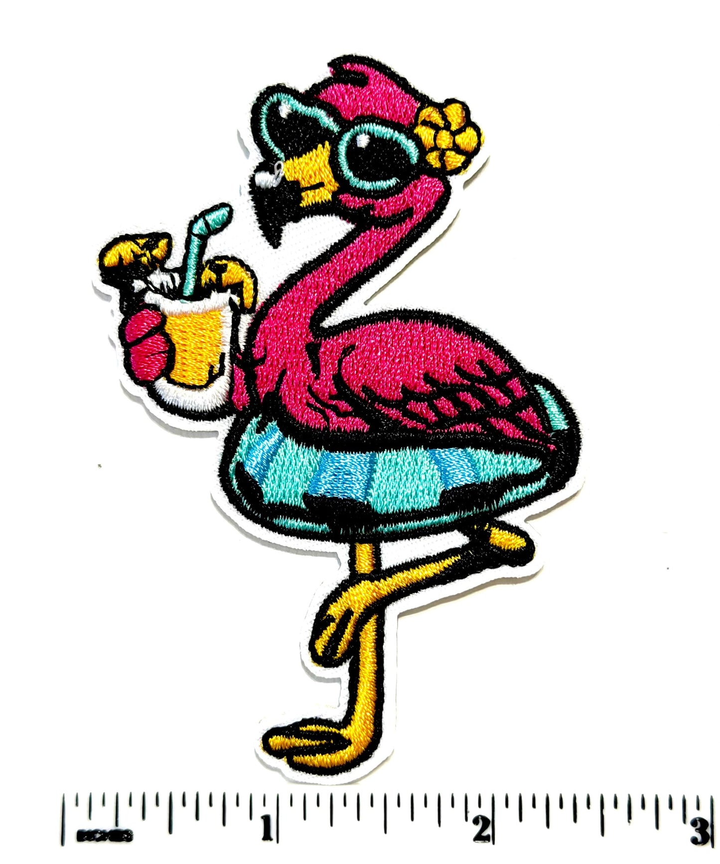 Pink flamingo with cocktail - Embroidered Iron on patch 3.25”