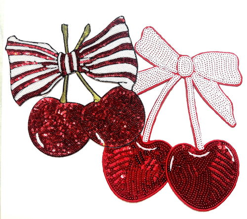 Cherries with Bows - Sequined Iron on patches