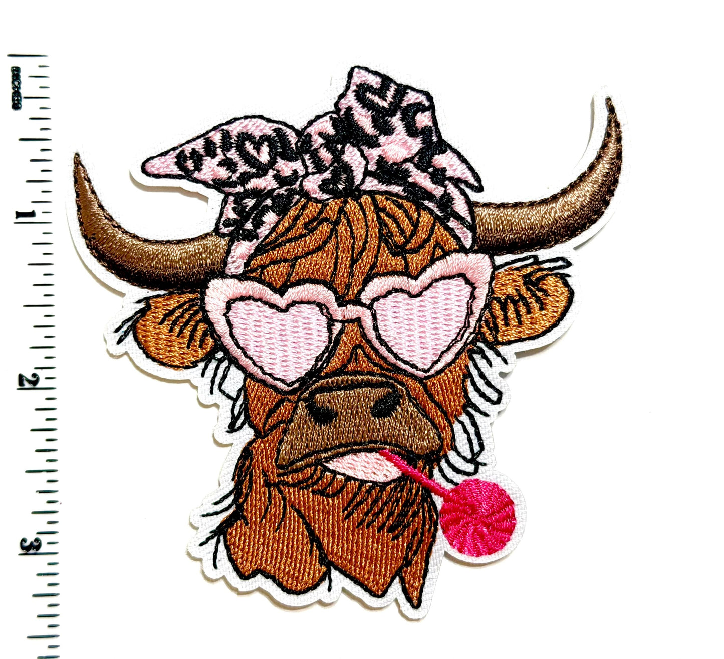 Highland Cow with Heart Sunglasses & Bandana - Embroidered Iron On Patch 3.5"