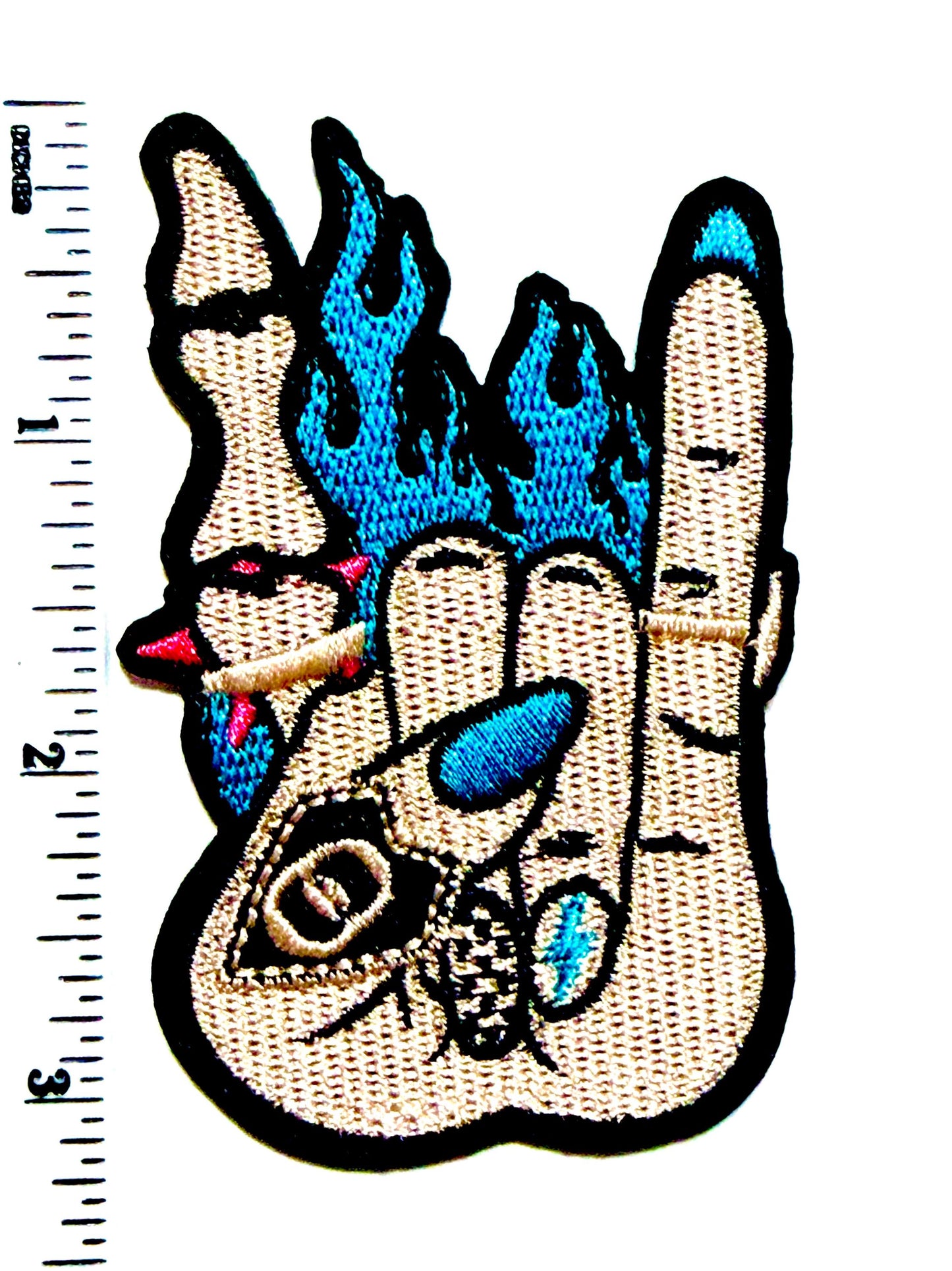 Edgy Hand rock on sign with flames patch - Embroidered DIY Iron on patches