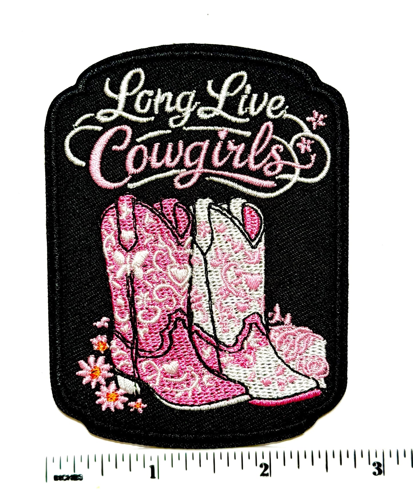 Long Live Cowgirls pink cowgirl boots - Embroidered DIY Iron on patch 3”