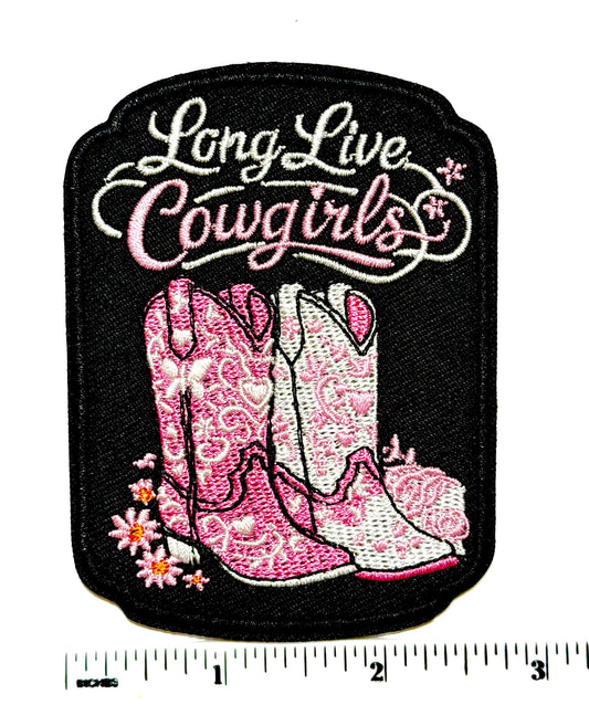 Long Live Cowgirls pink cowgirl boots - Embroidered DIY Iron on patch 3”