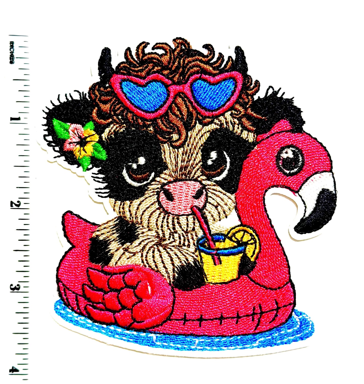 Highland Cow Flamingo Float Embroidered Patch – DIY Iron-On Applique