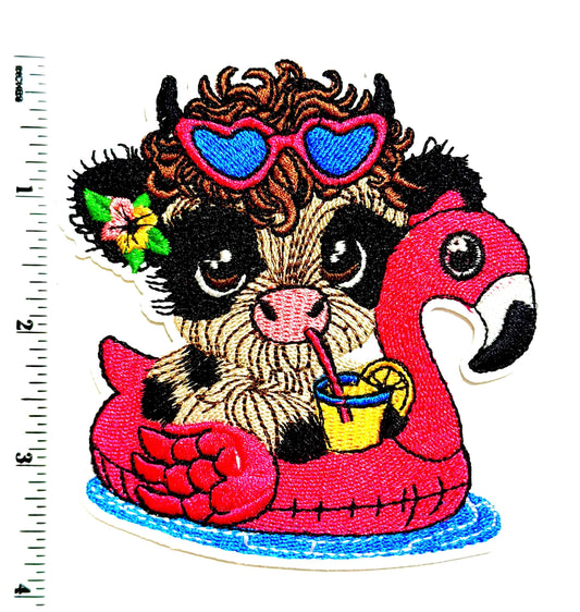 Highland Cow Flamingo Float Embroidered Patch – DIY Iron-On Applique