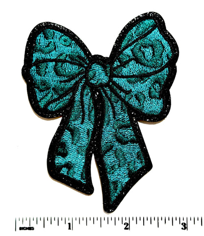 Turquoise & Leopard Print patches, Hearts, Cross and Bow - Embroidered Iron On Patches