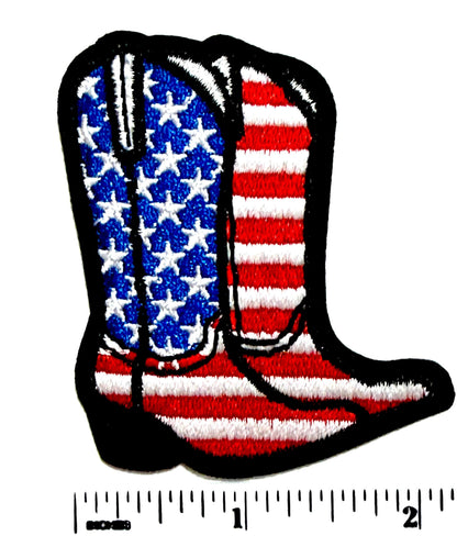 Patriotic Cowboy Boots Patch – American Flag Embroidered Iron-On (2.5")