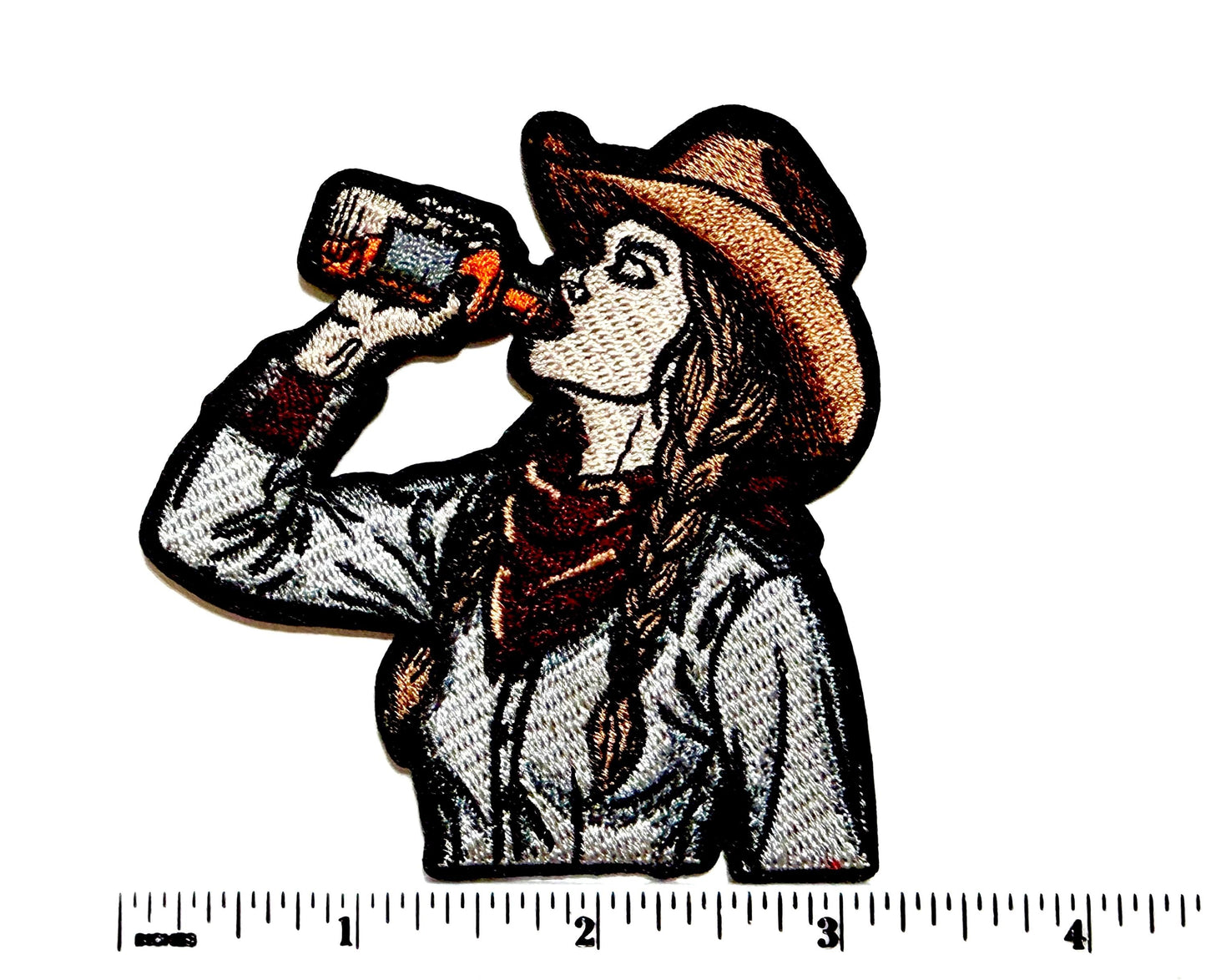 Cowgirl drinking from Whiskey Bottle patch - Embroidered Iron on patch 3.5”