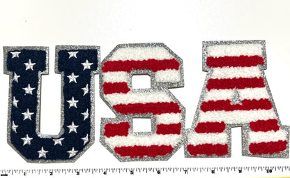 Patriotic - Chenille with silver glitter outline Iron on patches