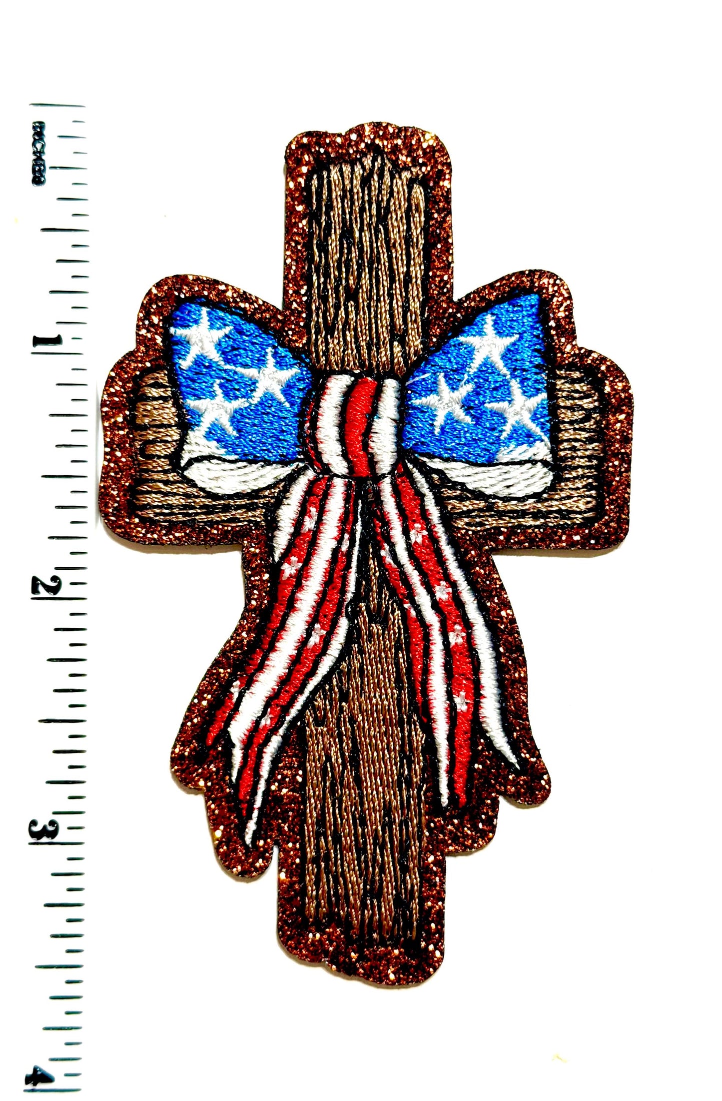 Cross with American flag bow patch - Patriotic Embroidered DIY Iron on patch
