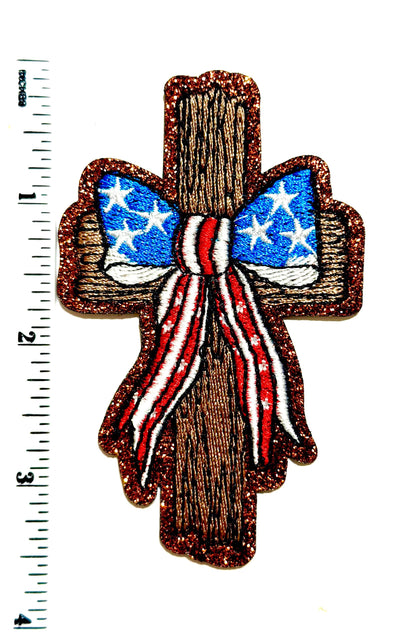 Cross with American flag bow patch - Patriotic Embroidered DIY Iron on patch