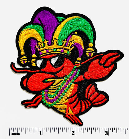 Mardi Gras Crawfish with Jester hat and Beads patch - Embroidered DIY Iron on patch