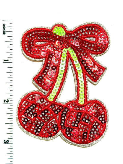 Sequin Cherries with Bows - Sequined DIY Iron on patches