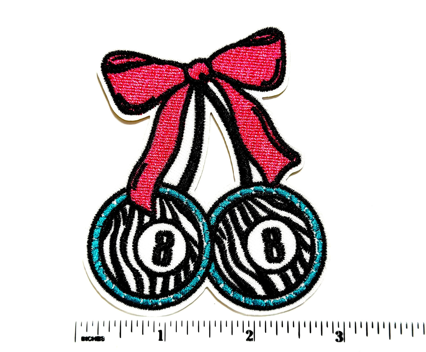 8 Ball Zebra print cherries with Bow Patch 3”