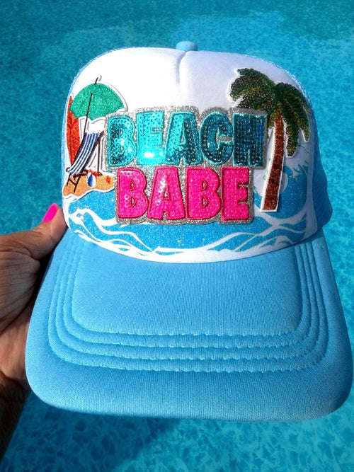 Beach Babe Trucker Hat | Sequin Palm Patch Summer Pool Vacation Accessory