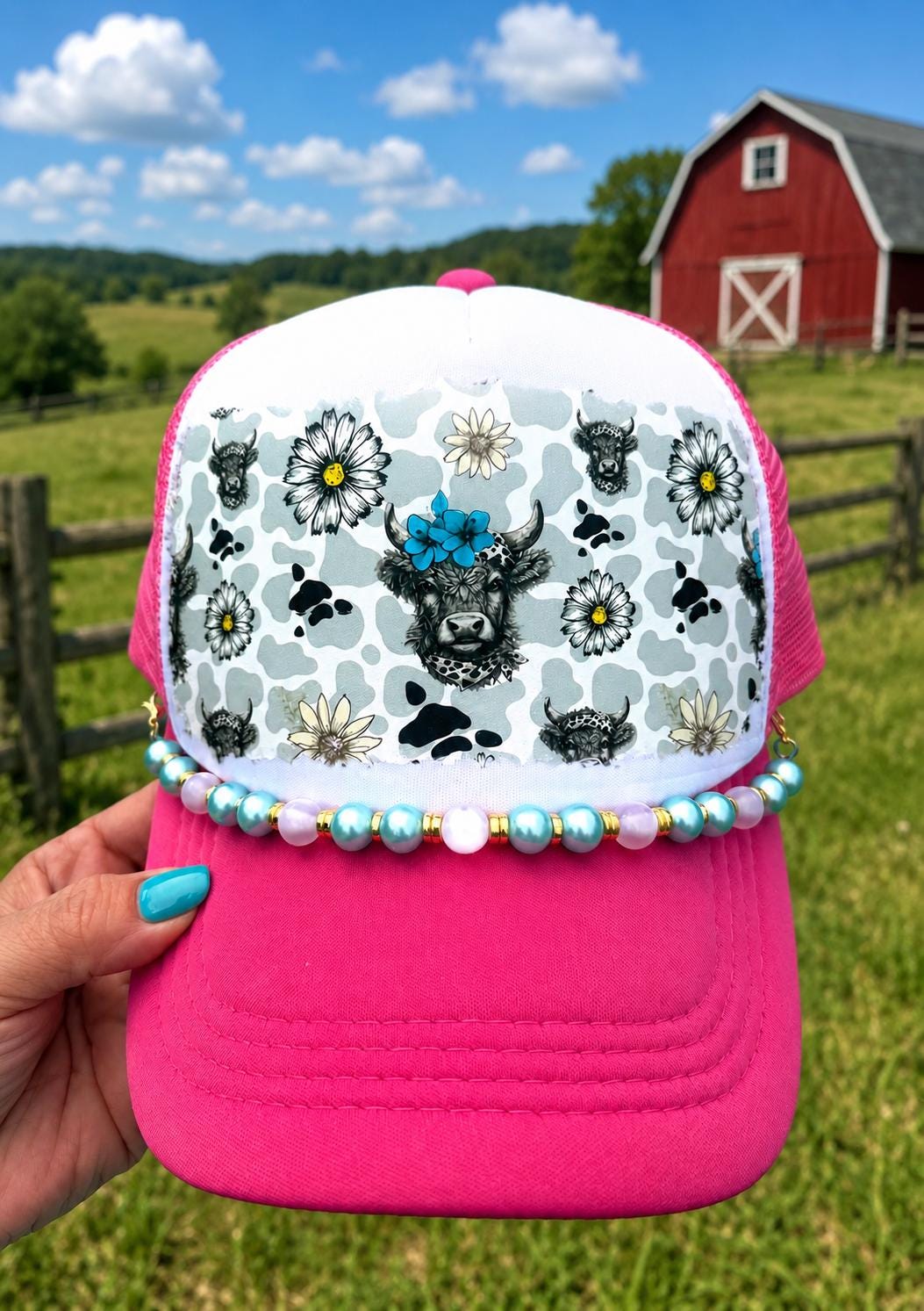 Hot Pink Cow Design Trucker Hat with Beaded Chain | Western Cowgirl Cap Summer Accessory